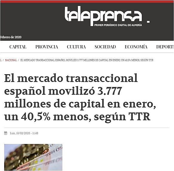 El mercado transaccional espaol moviliz 3.777 millones de capital en enero, un 40,5% menos, segn TTR